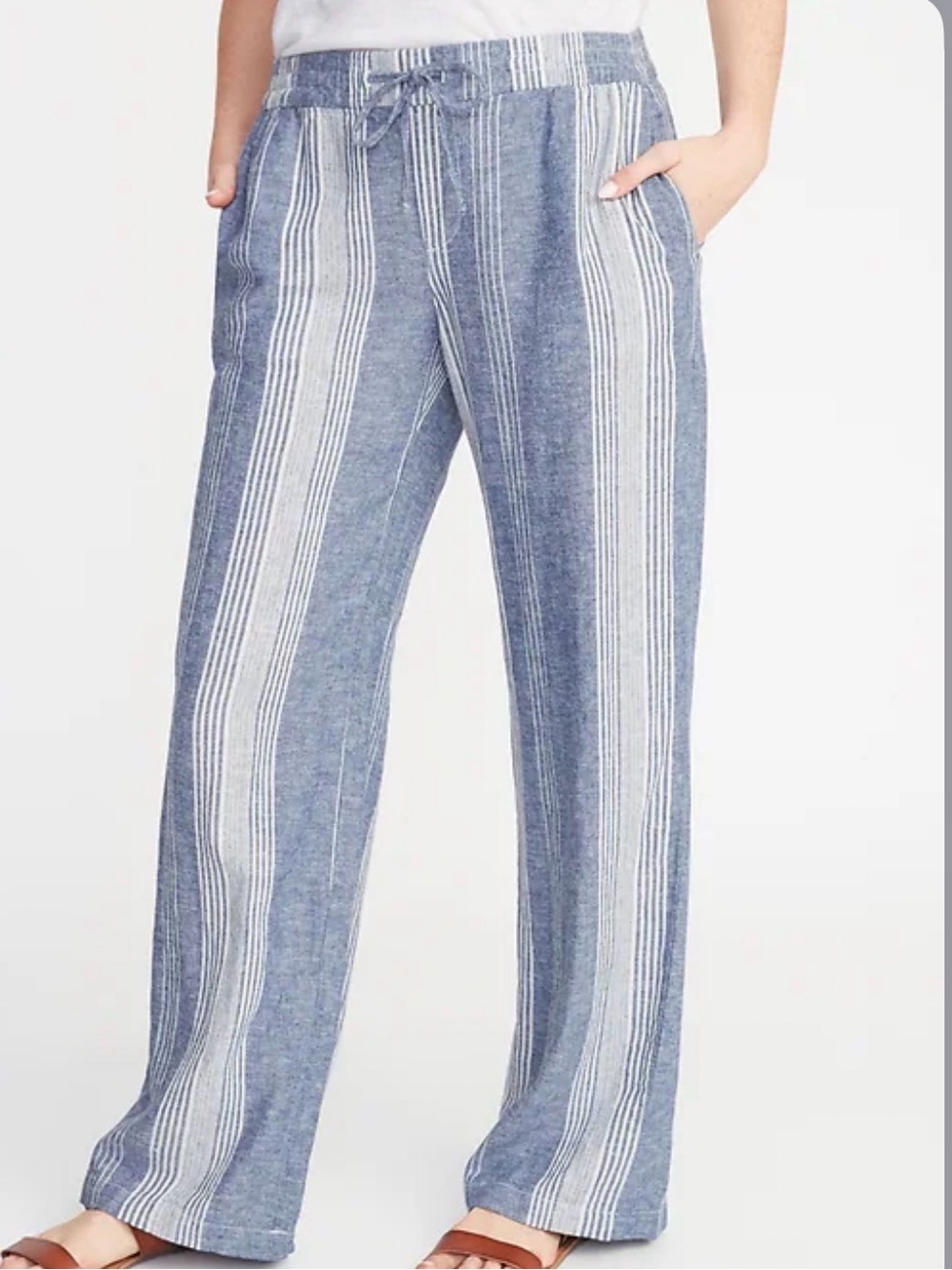 Old Navy Women’s Blue&White Striped Wide-Leg Mid-Rise Linen Blend Pants~Size Lg